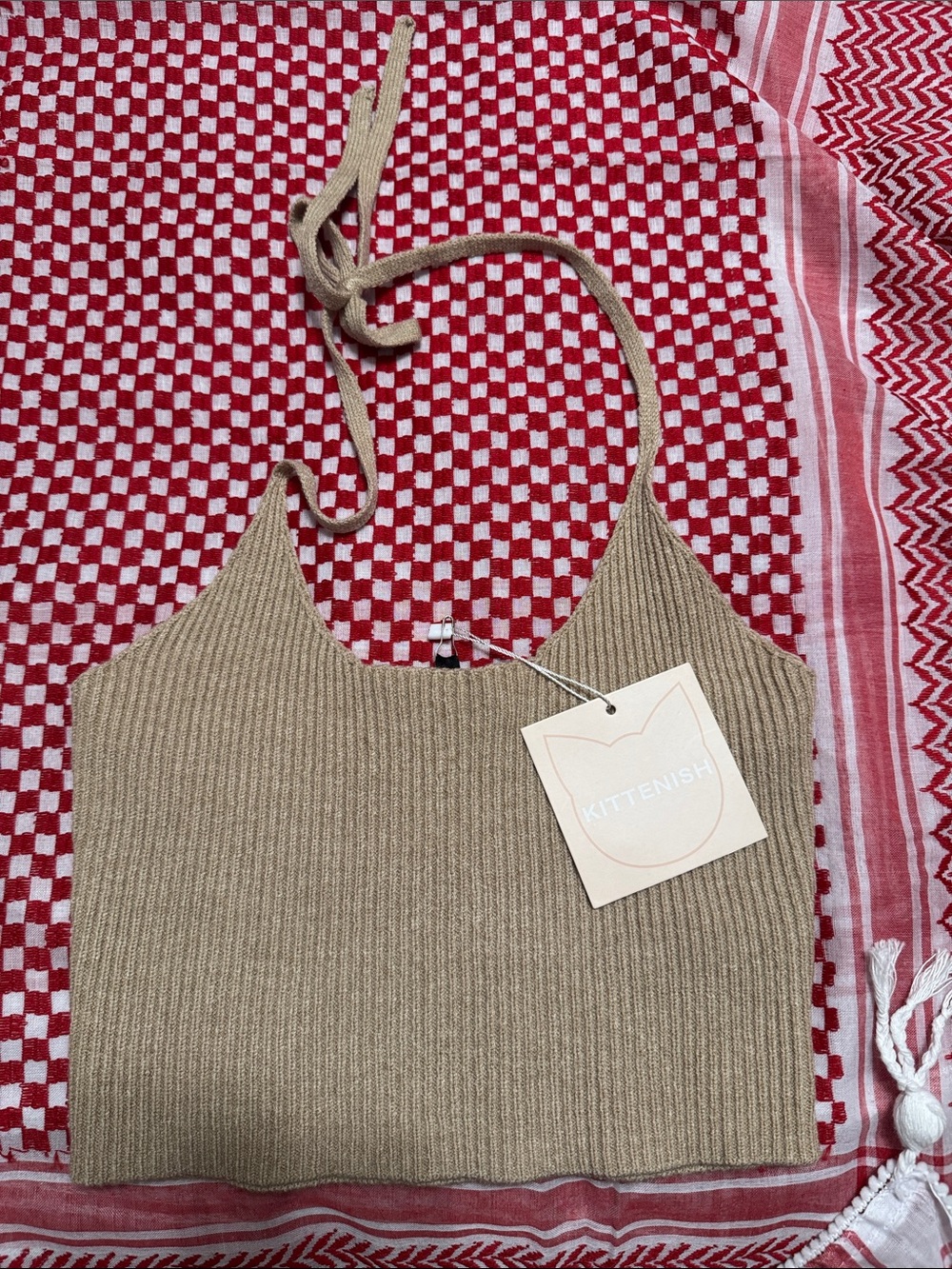 Kittenish Ribbed Halter Crop Top in Tan